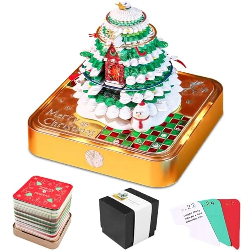 3D Kalender Abreißen 2026, 2026 3D Notizblock Kalender mit Licht und Klarer Anzeigebox, Papierskulptur Weihnachtsbaum 3D-Tischkalender, Tischkalender-Notizblock, Bastel DIY Tischdeco