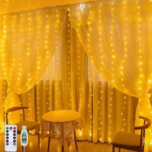 sukaudiz 300 LEDs Fairy Lights Curtain with 8 Modes, Remote Control Timer Fairy Lights Curtain for Decoration, Garden, Indoor Lighting Gazebo, Light Curtain with Remote Control