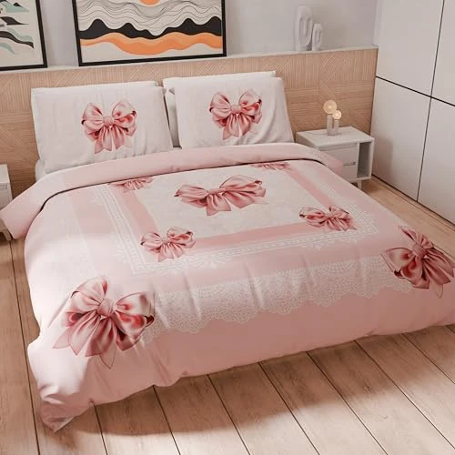 Offerta a tempo: PETTI Artigiani Italiani - Set Copripiumino Matrimoniale Maxi 260x220 cm (2 Federe 75x50 cm Incluse), Parure Copripiumino Microfibra con Stampa Digitale Fiocco Rosa - Made in Italy - 0.00% da 49.90 € a 49.90 €