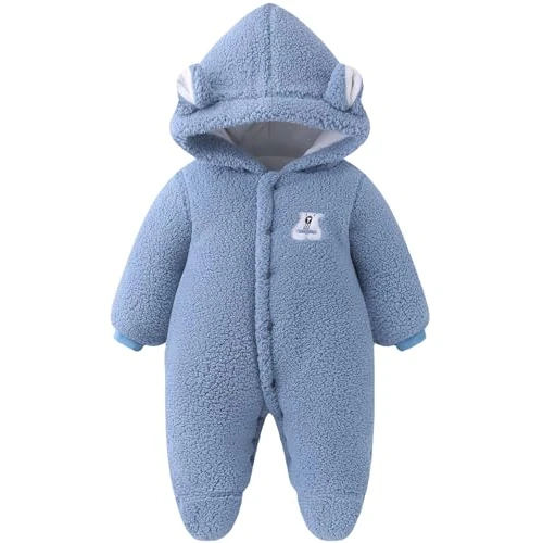 JiAmy Sneeuwpak voor pasgeborenen, fleece, wintersneeuwpakken, beer met capuchon, voetrompertje, cartoon, babymeisjes, jongens, kleding, outfits, 0-18 maanden, Blauw, 0-3 Months