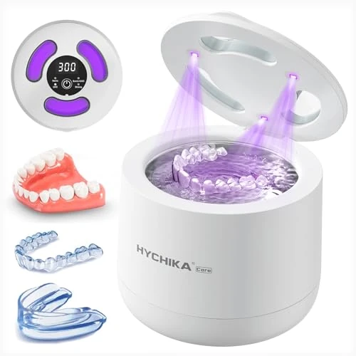 Limpiador Ultrasonidos Dental con UV para Esterilización,Alta Frecuencia de 45 kHz Ultrasonic Cleaner,4 Modos para Brackets, Retenedores, Protectores Nocturnos, Alineadores etc.,200 ml,Blanco