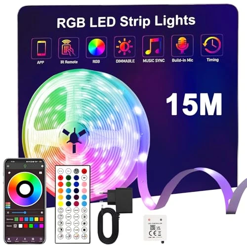 Offerta a tempo: Sylvwin Striscia LED 15m,Strisce LED 15 Metri RGB con Funzione Musicale,44 Tasti Telecomando e App Bluetooth,Nastri per Soggiorno/Cucina,Decorazione Camera da Letto, Festa, Bar,TV - 10% da 9.03 € a 8.13 €