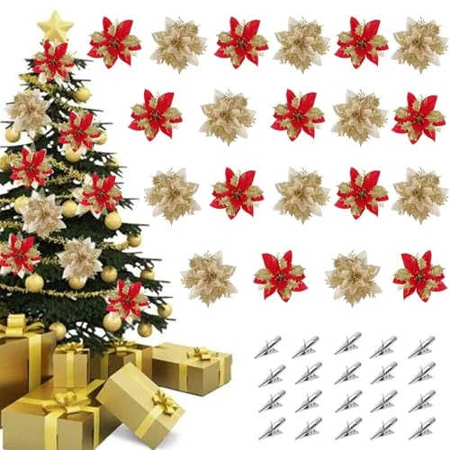 Offre limitee: Fairblo 20 Pièces Fleurs de Poinsettia Glitter de Noël Artificielles de Fleurs de Noël Ornements avec Agrafe pour de Décorations de Sapin de Guirlandes de Mariage, Rouge et Or de 13.99 EUR a 9.99 EUR (economie 29%)