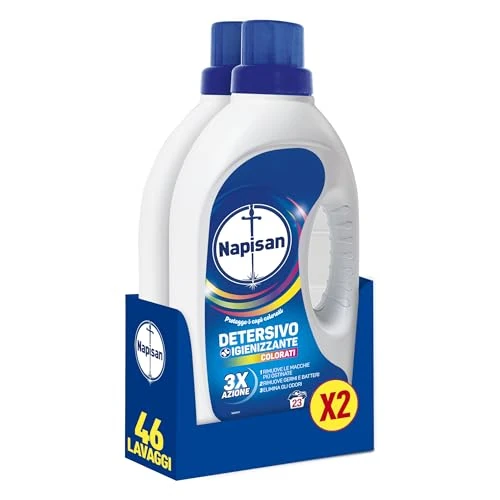 Offerta a tempo: Napisan Detersivo Lavatrice Liquido Igienizzante Capi Colorati, 2 confezioni da 1.15 l da 23 Lavaggi di Detersivo Lavatrice Liquido - 14% da 5.76 € a 4.98 €