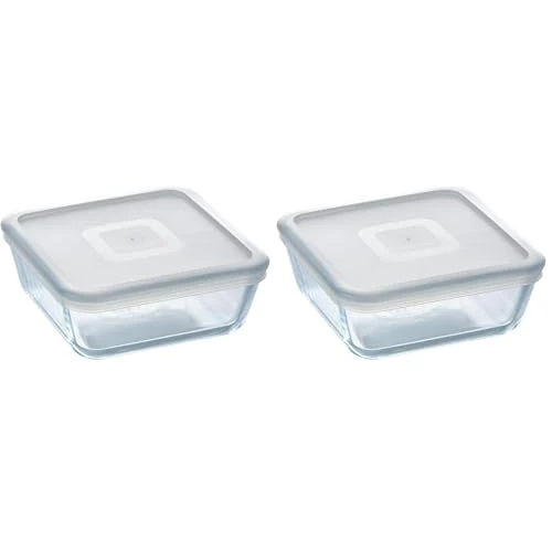 Pyrex Cook&Freeze Contenitore Quadrato Con Coperchio, Vetro, Bianco, 2 Litri (Confezione da 2)