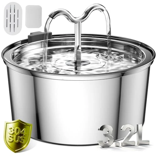 DOOOB Fuente para gatos, 3,2 l, fuente para gatos, automática fuente para gatos de acero con bomba ultra silenciosa, fuente para gatos de acero inoxidable con 1 filtro y 1 esponja