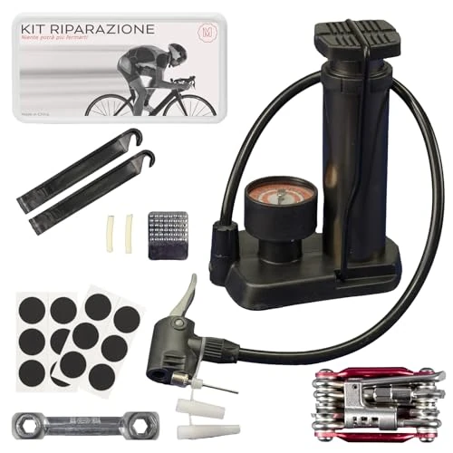 Generico 3-in-1 fietsreparatieset, multitool, 10-in-1, boorset met hendel en patch, voetpomp met manometer, universele ventielen, MTB, gravure, straat