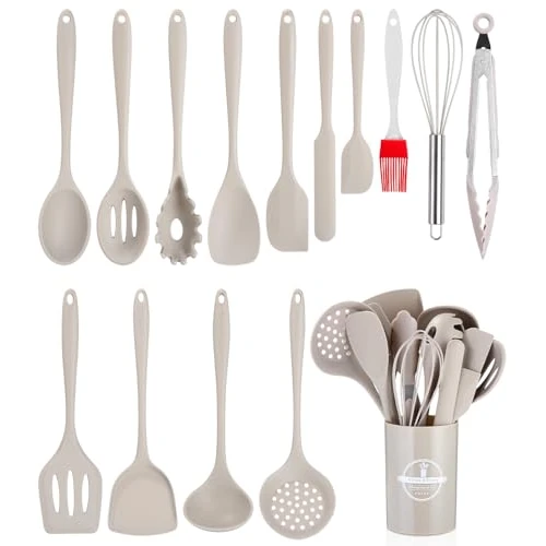 Küchenhelfer Set（Erdgelb）,15 Stück Kochutensilien Kochgeschirr,Kochlöffel Set Silikon,Hitzebeständiger Antihaft Kochset mit Utensilienhalter,Spülmaschinenfest