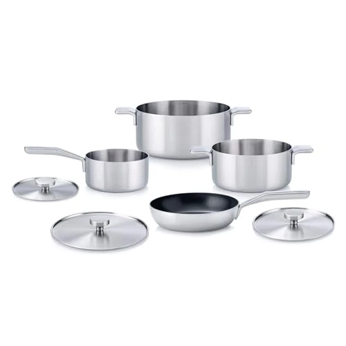 Masterpro by Alessi - Juego de ollas "Bones" de acero inoxidable | 7 piezas, compatible con inducción, cacerolas y sartenes con tapas, lavables en lavavajillas