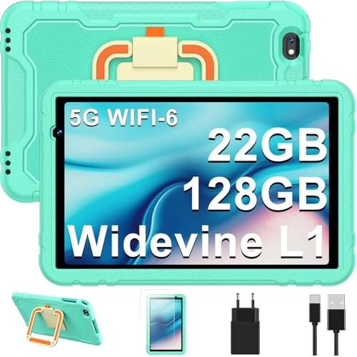 10-calowy tablet dla dzieci, Android 14, Octa-Core, 22GB + 128 GB (TF 1TB), kontrola rodzicielska, 8000mAH, Widevine L1, 5G WiFi 6, Bluetooth 5.0, 5MP + 8MP, silikonowe etui dla dzieci - zielone