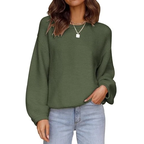 Zeagoo Pull à manches chauve-souris pour femme - Pull en tricot - Col rond - Confortable - Automne - Hiver - S-XXL, vert, L