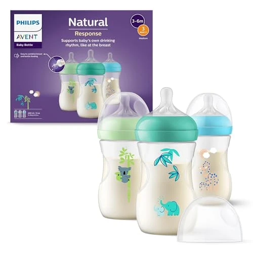 Offerta a tempo: Philips Avent Natural Response Baby Bottle da 260°ml (9 oz) con tettarella a flusso medio (flusso 3), confezione da 3, con design tropicale, SCY903/73 - 23% da 29.99 € a 22.99 €