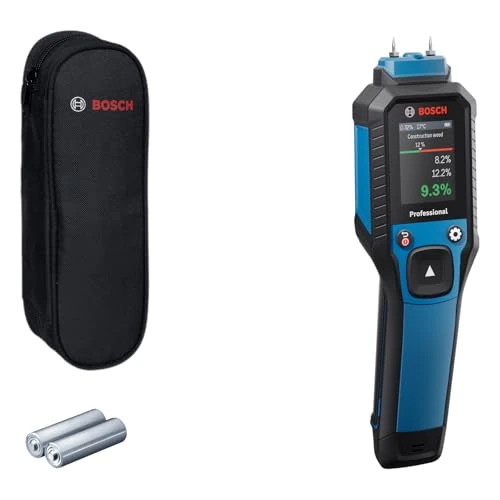 Bosch Professional Wilgotnościomierz GMP 2-15 z pinami (mierzy 37 rodzajów drewna i 10 rodzajów materiałów budowlanych, zintegrowany termohigrometr, stopień ochrony IP65, 2 baterie AA, pokrowiec)