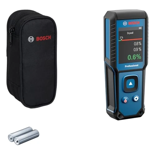 Bosch Professional Wilgotnościomierz GMM 1-15 bez pinów (nieinwazyjny, mierzy 37 rodzajów drewna i 10 rodzajów materiałów budowlanych, stopień ochrony IP65, 2 baterie AA, pokrowiec)