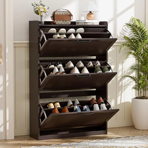 Offerta a tempo: BonVache Scarpiera stretta, con porta lamellare, scarpiera con 3 alette, scarpiera con 6 ripiani regolabili, in legno per corridoio, 80 x 24 x 120 cm, marrone caffè - 36% da 139.99 € a 89.99 €