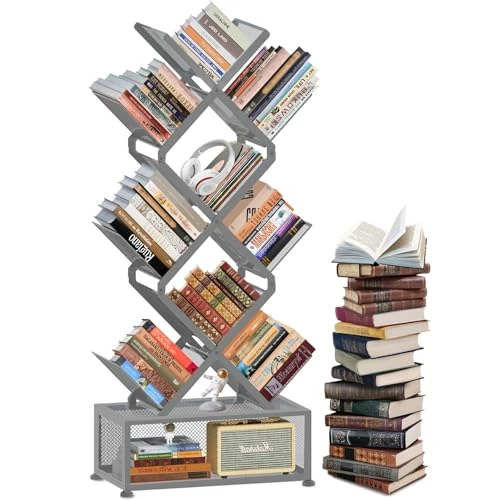 HI NINGER Tree Shape Bookcase, 8 Levels, CD DVD Shelf, Bookcase, Children's Room, Space-Saving, Foldable Standing Book Case, Suitable for Living Room, Bedroom (Grey, 9 Levels)