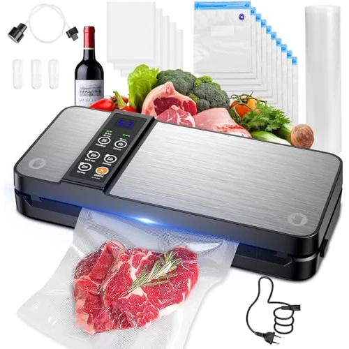 Oferta limitada: Envasadora al Vacio Domestica,80KPA Domestica 8-en-1 Maquina Envasar al Vacío Profesional Modos de Alimentos Seco y húmedos,cortador de pasta incorporado,10 bolsas de envasado al vacío (Plata) de 65.99 EUR a 49.69 EUR (ahorro 25%)