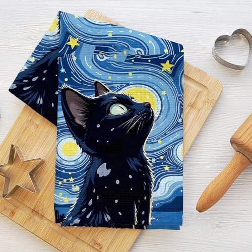 Zeitlich begrenztes Angebot: Niedliche Katzenküchentücher, 61 x 35 cm, bezaubernde Sternennacht, Vollmond-Waffel-Handtücher für Küche, Zuhause, Bauernhaus, saugfähiges Mikrofaser-Geschirrtuch, Katzenliebhaber-Geschenke für Frauen von 3.28 € auf 3.28 € (0.