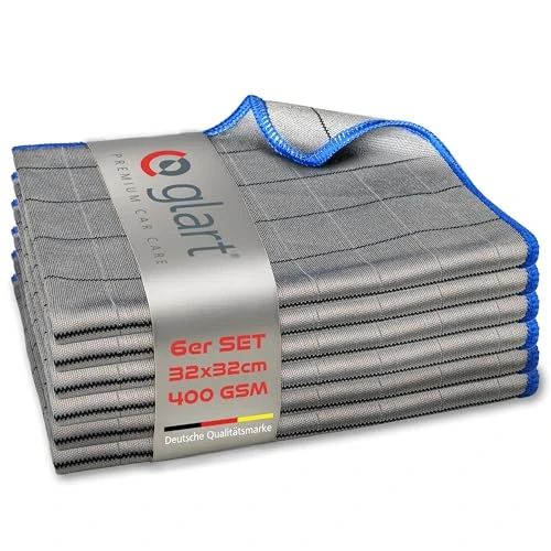 Glart 44C6B 6x carbon-doeken, raampoetsdoeken, ruitdoek, carbon autodoeken, microvezel glasdoeken, autoraamdoek zonder strepen en strepen, schijven polijstdoeken pluisvrij 32 x 32 cm, 400 g/m²