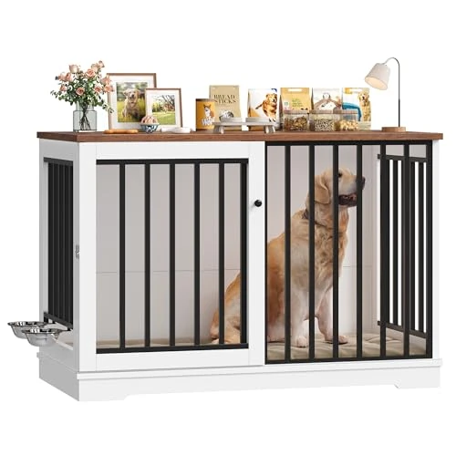 Offerta a tempo: FirFurd 120 cm Gabbia per Cani, Kennel Cane Grande con Porta Scorrevole, con 2 Ciotole che Ruotano di 360°, Cane Kennel in Metallo e Legno, 120x60x90cm (Bianco+Marrone) - 0.00% da 199.99 € a 199.99 €
