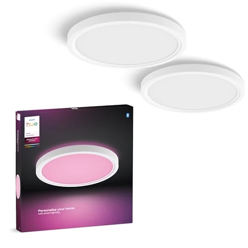 Philips Hue Devote Slim LED lichtpaneel, Wit en Gekleurd Licht, Diameter 30cm, 16.6W, 2000 Lumen, Witte omlijsting, Binnenverlichting, Plafondlamp, Woonkamer, Keuken, Gang, Bevat 2 artikelen