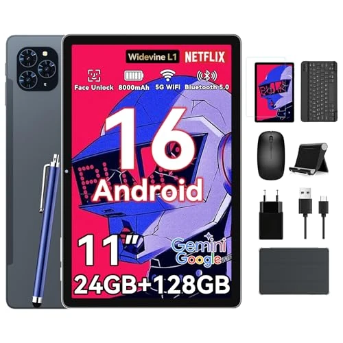 KINGRID T90 Nowy tablet Android 16 z klawiaturą, 24 GB pamięci RAM + 128 GB pamięci ROM, tablet 11 cali z Widevine L1, baterią 8000 mAh, ośmiordzeniowy, tablety 5G WiFi/GMS z piórem i myszką, etui