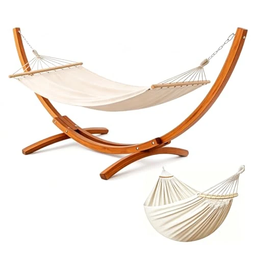 Oferta limitada: BELONID Hamaca con Soporte de Madera, Incluye 2 Hamacas, Carga 200 kg, 320x120x120 cm, Estructura Arqueada Estable de Madera, Altura Ajustable, para Jardín, Terraza y Balcón de 189.99 € a 189.99 € (ahorro 0.00%)