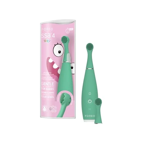 FOREO ISSA 4 Baby - Brosse a dent bebe sonique en silicone: poils double-face, smiley ludique, massage gencives - Brosse à dent électrique, 12 mois, batterie 240 jours, idéal voyage, Kiwi Green