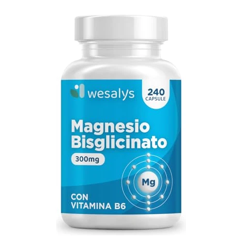 Offerta a tempo: Magnesio Bisglicinato 240 Capsule (fino a 4 mesi), 300 mg di Magnesio glicinato. Con Vitamina B6, Organico, Magnesium glycinate, Integratore Muscoli, Sistema Nervoso, Stress, Ossa. Wesalys - 0% da 17.90 € a 17.90 €