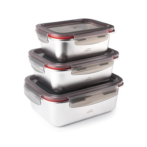 LACOR - Zestaw 3 pojemników na żywność Ecoinox, stal nierdzewna 18/10, 800/1200/1800 ml, nadaje się do mikrofalówki, piekarnika, zamrażarki i zmywarki, szczelny, BPA Free