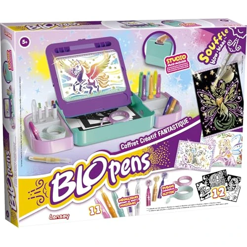 Lansay | BLOPENS Coffret CRÉATIF Fantastique | Kit de Dessin Enfants avec Feutres Souffleurs, Pochoirs, Effets Aérographe et Paillettes | Activité Créative et Ludique dès 5 Ans | Accessoires Inclus