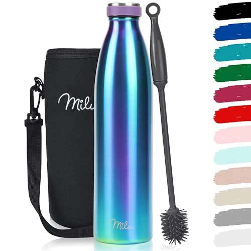 Offerta a tempo: Milu - Thermo in acciaio inox da 350/500/750/1000ml/1,5L borraccia termica, a prova di perdite, a doppia parete, adatta per bevande gassate, con spazzola per la pulizia (Aurora, 1000ml) - 10% da 36.95 € a 33.34 €