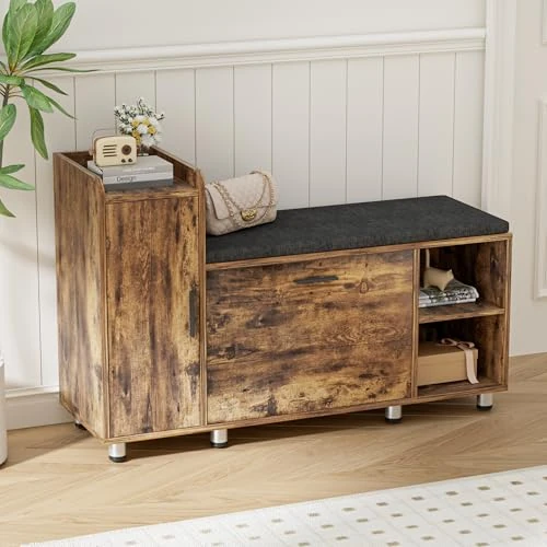 Oferta limitada: BonVache Banco Zapatero con Asiento y Solapa, Altura Ajustable, Organizador Zapatos con Armario de Almacenamiento y 3 Espacios Abiertos, para Entrada, Pasillo, recibidor, 105 x 34 x 67cm, Marrón de 69.99 € a 69.99 € (ahorro 0.00%)
