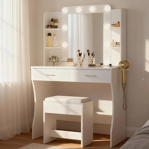 Offerta a tempo: BonVache Tavolo da toeletta con illuminazione, regolazione della temperatura del colore, tavolo da toeletta con specchio e prese, tavolo cosmetico con 6 ripiani aperti e porta asciugacapelli, con 2 - 0.00% da 79.99 € a 79.99 €