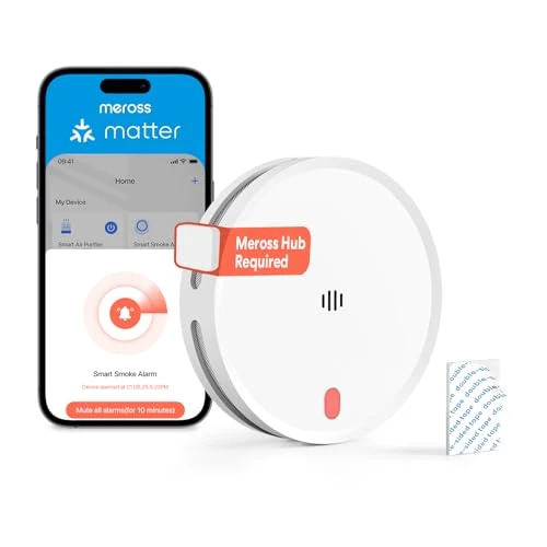 Meross Smart Detector De Humo Conectado, Alarma De Incendios WiFi con Doble Sensor Óptico, Alarma De Fuego con Notificación App, Detector De Humos, 33 mm, Hub Requerido, 1 Unidad