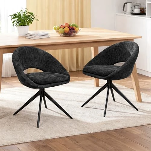 BonVache Zestaw 2 krzeseł do jadalni, obracane o 360°, krzesła do jadalni z metalowymi nogami, tapicerowane siedzisko, do kuchni, salonu, biura, sypialni, kolor czarny