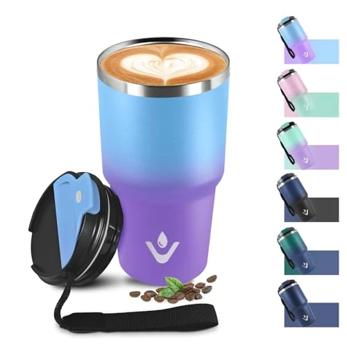 Thermosbeker, 600 ml, hoogwaardig roestvrij staal, dubbelwandig, vacuüm geïsoleerde koffiemok, lekvrije koffiemok, met deksel, BPA-vrij, koffiebeker om mee te nemen, voor camping, kantoor