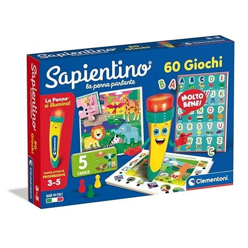 Clementoni Sapientino - La Penna Parlante 60 Giochi, Gioco Educativo con Puzzle e Schede Illustrate per Imparare Alfabeto, Numeri e Logica, Made in Italy, Lingua Italiana, Bambini 3-5 Anni, 16494