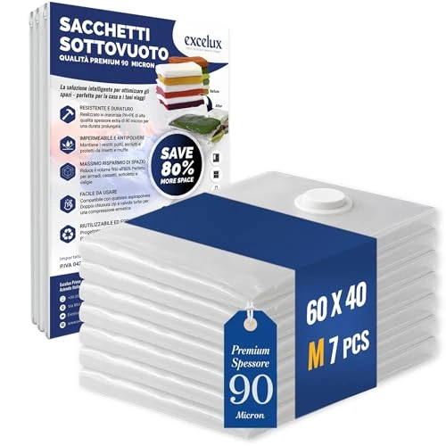 Excelux Premium vacuümzakken, set met ruimtebesparende zakken met dubbele ritssluiting, waterdicht, herbruikbaar, ruimtebesparend, 80% (60 x 40), M 7 stuks