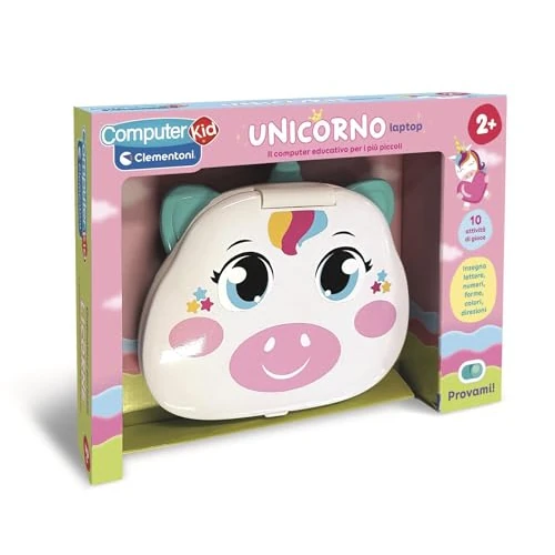 Clementoni - Computer Kid Unicorno Laptop Educativo Bambini 2+ Anni, 10 attività, Gioco Elettronico per Imparare Lettere, Numeri, Forme, Colori e Direzioni, Batterie Incluse, Lingua Italiana, 16489