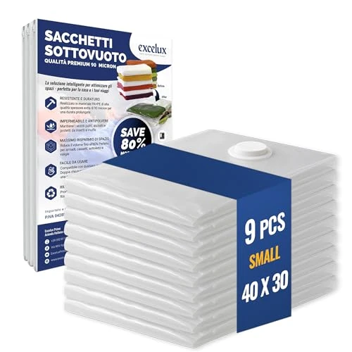 Excelux Premium Vakuumbeutel, Set mit platzsparenden Taschen mit doppeltem Reißverschluss, wasserdicht, wiederverwendbar, platzsparend, 80 % ((40 x 30) S 9 Units)