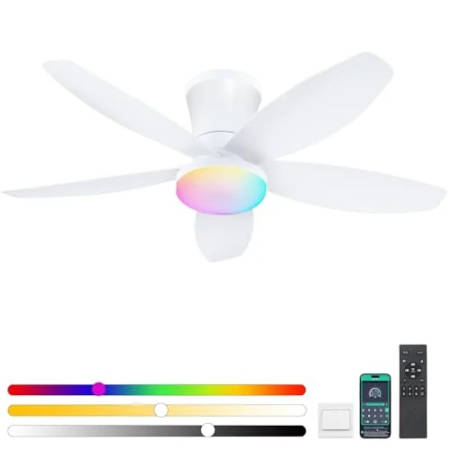 Offerta a tempo: Surtime Ventilatori a soffitto RGB con luci-92CM Ventilatore a soffitto a basso profilo con luce e controllo remoto/APP,Ventilatori a soffitto dimmabili a LED per camera da letto(Bianco) - 16% da 90.00 € a 75.50 €