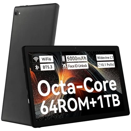 Laptok Widevine L1 Tablet, 10 inch, Android 14 tablet met Octa-Core, Face ID, 8 GB + 64 GB + 1 TB uitbreiding, 1280 x 800 HD IPS touchscreen, Android tablet met wifi 6 BT5.3, dual-camera 5 MP + 8 MP