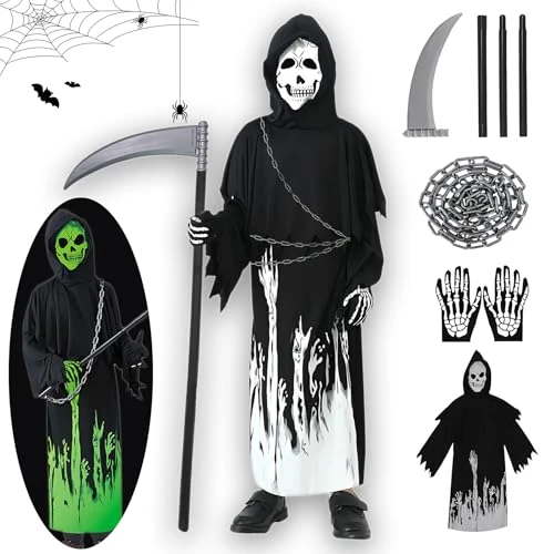 Offre limitée : Deguisement Faucheuse Enfant Phosphorescent – Costume Halloween Garçon Fille 7-14 Ans avec Cape Noire à Capuche, Masque Effrayant, Faux & Gants pour Carnaval, Fête et Cosplay de 17.99 EUR à 17.99 EUR (remise 0%)