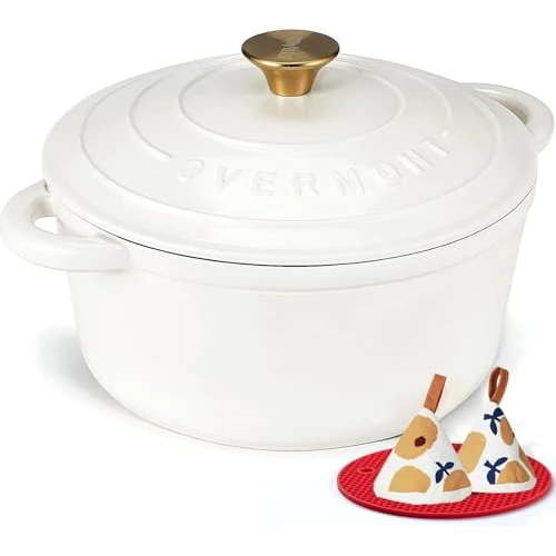Limited-time offer: Overmont 26cm/5.2L Enamelled Cast Iron Round Casserole Dish With Lid,5.5QT, Cookbook -Non-stick Dutch Oven for Braising, Stews, Roasting, Bread Baking - Pearl White from 49.99 £ to 40.49 £ (save 19%)