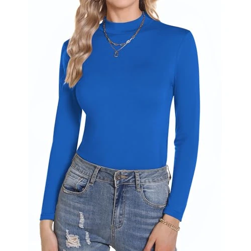 Aottori Camiseta Cuello Alto Mujer Manga Larga Basica Ropa Interior Algodón con Cuello Vuelto Slim Fit Ligera Térmica Primavera Otoño Invierno Azul L
