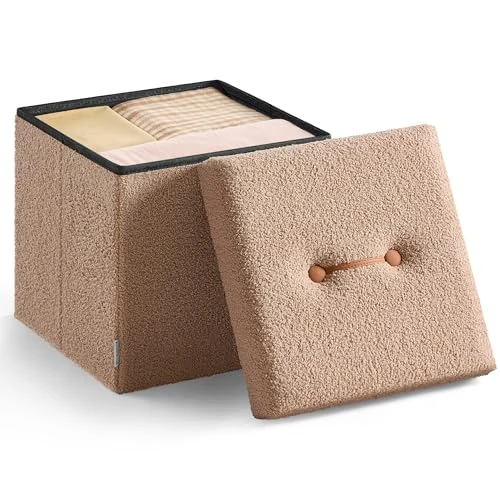 SONGMICS Tabouret pliable avec espace de rangement, 38 x 38 x 38 x 38 cm, repose-pieds, banc de lit, boîte de rangement, charge jusqu'à 300 kg, pour salon, chambre à coucher, couloir, marron camel