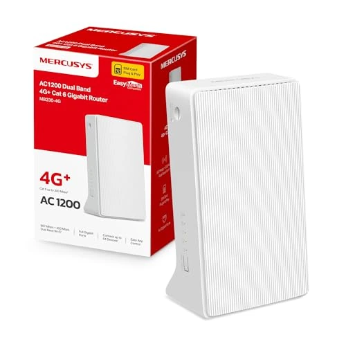 Mercusys MB230-4G LTE Router, 4G + router ondersteunt simkaarten, 4G + Cat6 tot 300 Mbps, WLAN dual-band AC1200, 2 × Gigabit-aansluitingen, plug and play, tot 64 apparaten, gastnetwerk