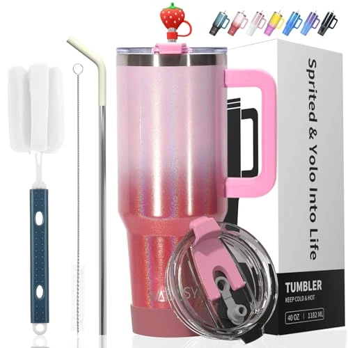 Limited offer: WATERSY Travel Mug Coffee Cup 40oz Tumbler Straw Lid and Handle, Stainless Steel Double Wall Vacuum Insulated Coffee Water Bottle Thermal for Cold Hot Coffee 1182ml Shiny Red from 33.99 EUR to 28.89 EUR (save 15%)