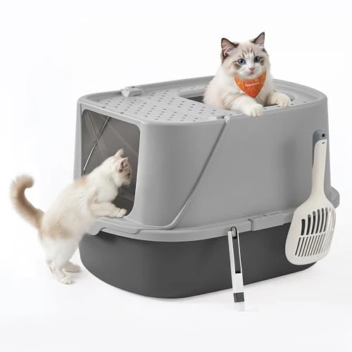 Feandrea Arenero para Gatos XXL, Caja de Arena con Tapa, Paleta y Cepillo, para Gatos de hasta 15 kg, Gris Paloma y Gris Pizarra PPT011GN01